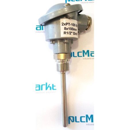 Pt100BD100 Sonda doble Pt100, Ø8x100mm, con conexión en cabezal DIN-B y rosca 1/2"G