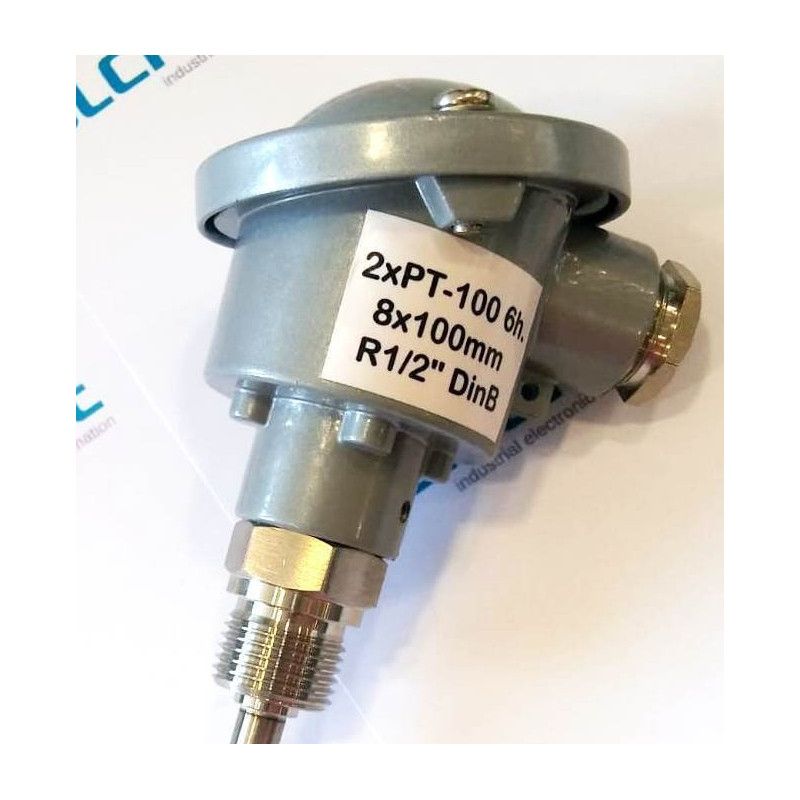 Pt100BD100 Sonda doble Pt100, Ø8x100mm, con conexión en cabezal DIN-B y rosca 1/2"G