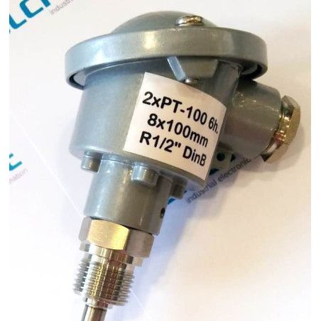 Pt100BD100 Sonda doble Pt100, Ø8x100mm, con conexión en cabezal DIN-B y rosca 1/2"G
