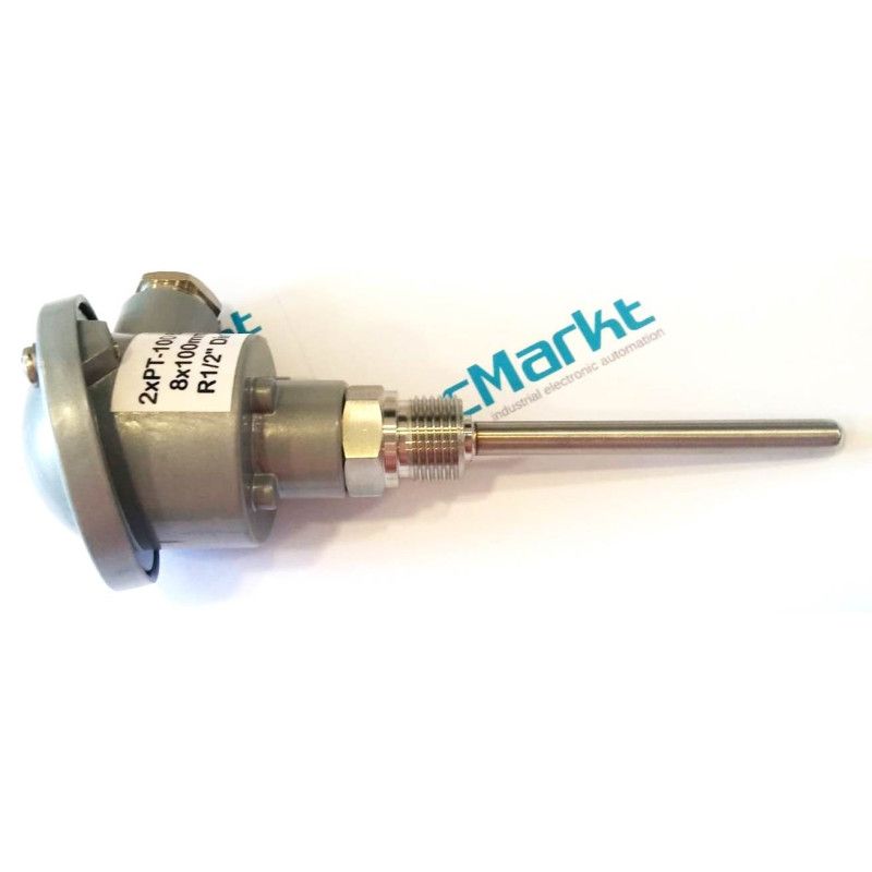 Pt100BD100 Sonda doble Pt100, Ø8x100mm, con conexión en cabezal DIN-B y rosca 1/2"G