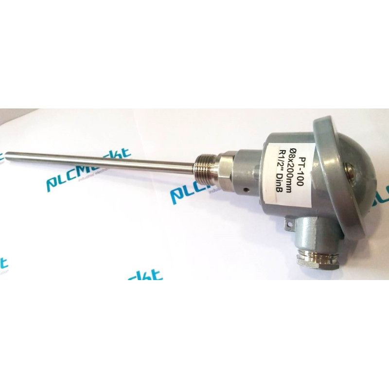 Pt100B200 Sonda Pt100, Ø8x200mm, con conexión en cabezal DIN-B y rosca 1/2"G
