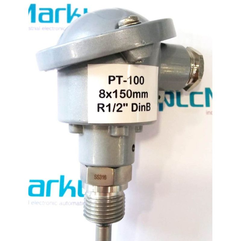Pt100B150 Sonda Pt100, Ø8x150mm, con conexión en cabezal DIN-B y rosca 1/2"G